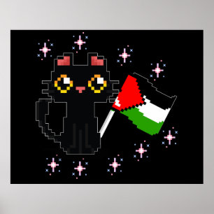 niedliche schwarze Katze hält Palästinenserflagge Poster