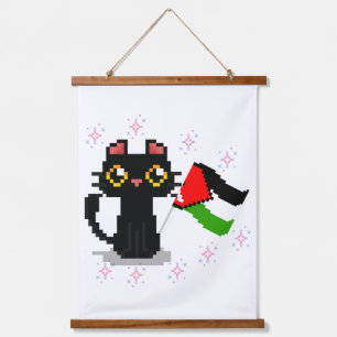 niedliche schwarze Katze hält Palästinenserflagge Wandteppich Mit Holzrahmen