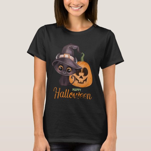 Niedliche schwarze Katze Happy Halloween Kürbis T-Shirt (Vorderseite)