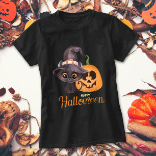 Niedliche schwarze Katze Happy Halloween Kürbis T-Shirt