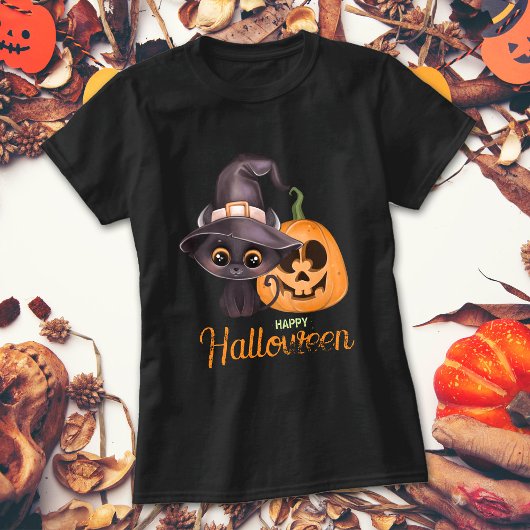Niedliche schwarze Katze Happy Halloween Kürbis T-Shirt