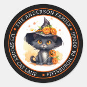 Niedliche Schwarze Katze | Hexenmeisterliche Rücks Runder Aufkleber (Vorderseite)