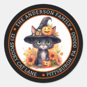 Niedliche Schwarze Katze | Hexenmeisterliche Rücks Runder Aufkleber (Vorderseite)