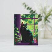 Niedliche schwarze Katze in einem Fenster Postkarte (Stehend Vorderseite)