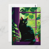 Niedliche schwarze Katze in einem Fenster Postkarte (Vorne/Hinten)
