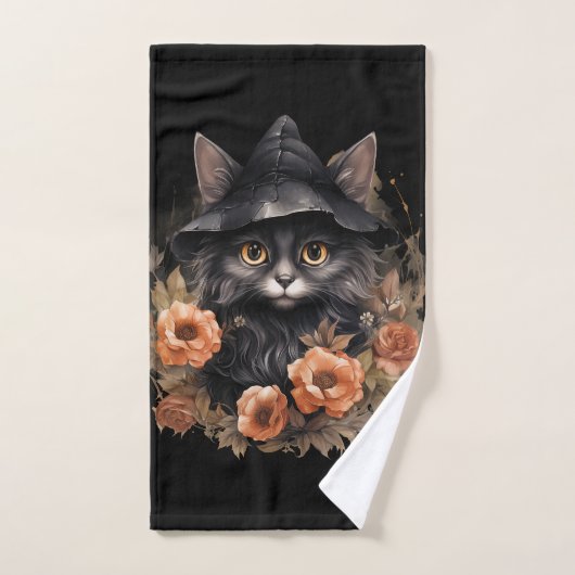 Niedliche schwarze Katze in einem Hexenhut Badhandtuch Set (Handtuch)