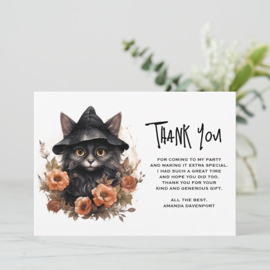 Niedliche schwarze Katze in einem Hexenhut Dankeskarte (Stehend Vorderseite)