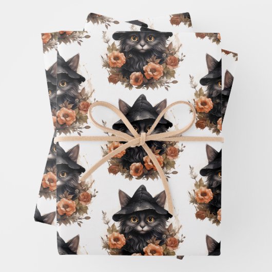 Niedliche schwarze Katze in einem Hexenhut Geschenkpapier Set (Beispiel)