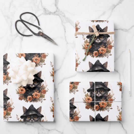 Niedliche schwarze Katze in einem Hexenhut Geschenkpapier Set (Vorderseite)
