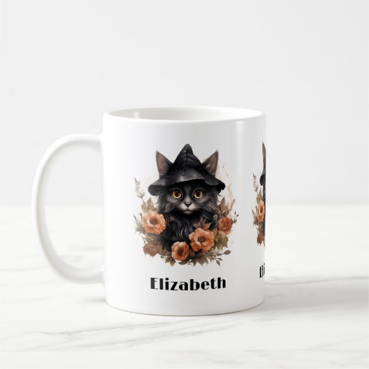 Niedliche schwarze Katze in einem Hexenhut Kaffeetasse (Links)