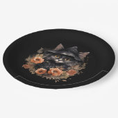 Niedliche schwarze Katze in einem Hexenhut Pappteller (Schrägansicht)