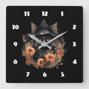 Niedliche schwarze Katze in einem Hexenhut Quadratische Wanduhr