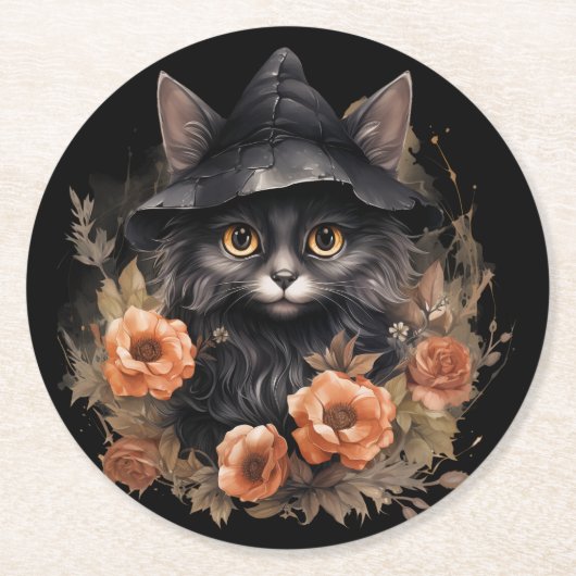 Niedliche schwarze Katze in einem Hexenhut Runder Pappuntersetzer (Vorderseite)