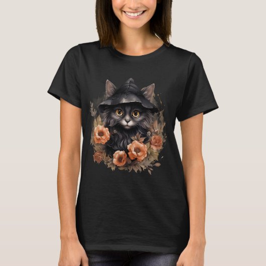 Niedliche schwarze Katze in einem Hexenhut T-Shirt (Vorderseite)