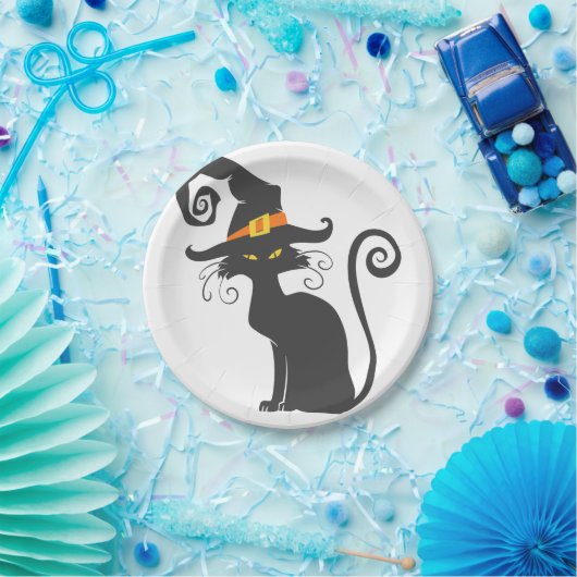 Niedliche schwarze Katze in einem Hexenhut - Wähle Pappteller (Party)