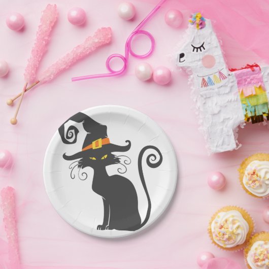 Niedliche schwarze Katze in einem Hexenhut - Wähle Pappteller (Party)