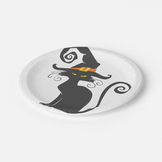 Niedliche schwarze Katze in einem Hexenhut - Wähle Pappteller (Schrägansicht)