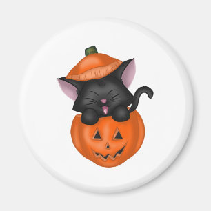 Niedliche Schwarze Katze in einem Kürbis Magnet