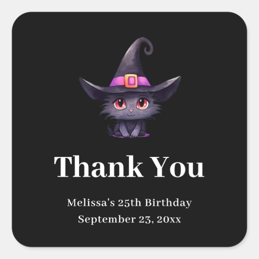 Niedliche schwarze Katze in einer Hexe Hut Danke,  Quadratischer Aufkleber (Vorderseite)