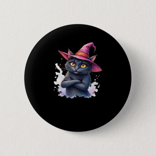 Niedliche schwarze Katze in Hexenhut � magisches H Button (Vorderseite)