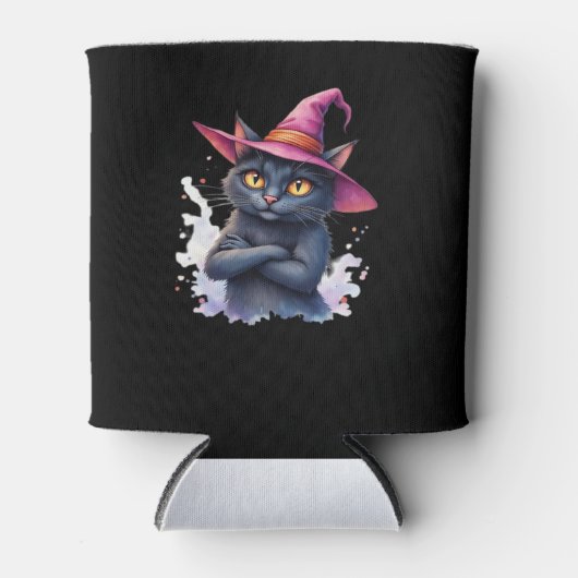 Niedliche schwarze Katze in Hexenhut � magisches H Dosenkühler (Vorderseite)