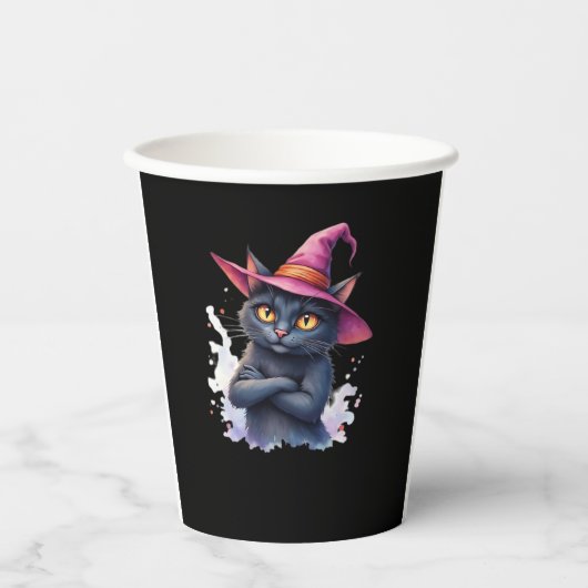 Niedliche schwarze Katze in Hexenhut � magisches H Pappbecher (Vorderseite)
