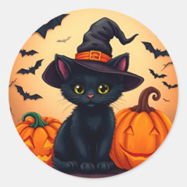 Niedliche schwarze Katze in Hexenhut umgeben von K Runder Aufkleber