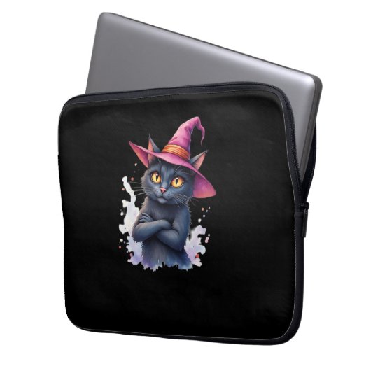 Niedliche Schwarze Katze in Hexenhut - Zauberhafte Laptopschutzhülle (Vorderseite Links)