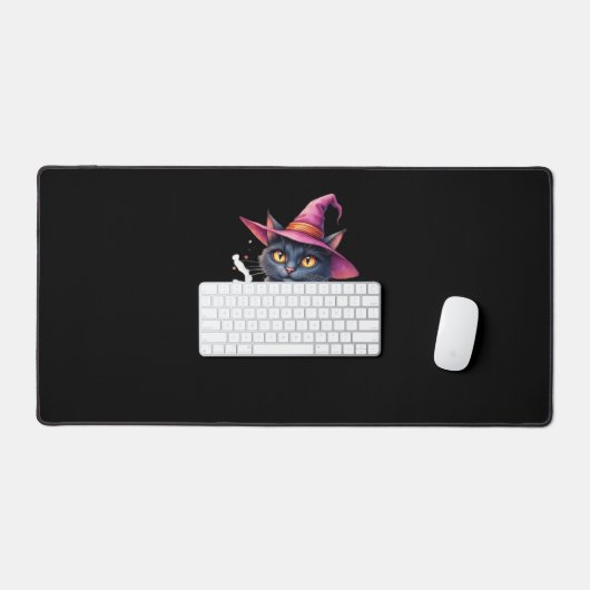 Niedliche Schwarze Katze in Hexenhut - Zauberhafte Schreibtischunterlage (Tastatur & Maus)