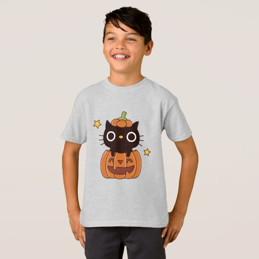 Niedliche schwarze Katze in Pumpkin Carving Happy  T-Shirt (Vorne ganz)