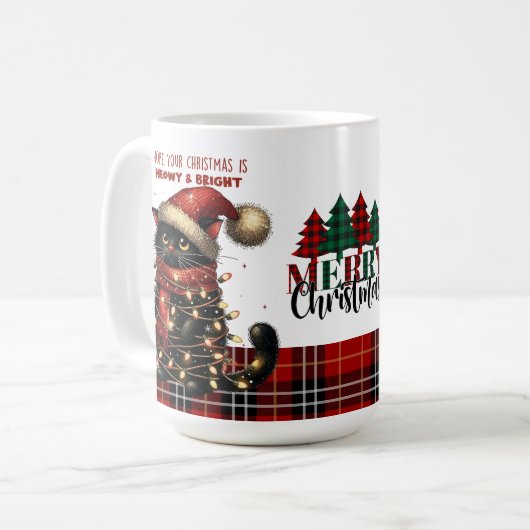 Niedliche schwarze Katze in Weihnachtsbeleuchtung Kaffeetasse (Vorderseite Links)