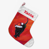 Niedliche Schwarze Katze in Weihnachtsmannmütze au Großer Weihnachtsstrumpf (Vorderansicht (hängend))