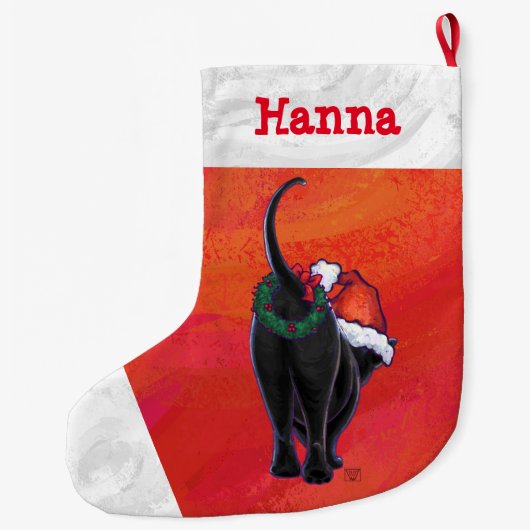 Niedliche Schwarze Katze in Weihnachtsmannmütze au Großer Weihnachtsstrumpf (Rückseite)