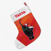 Niedliche Schwarze Katze in Weihnachtsmannmütze au Großer Weihnachtsstrumpf (Rückseite (Hängend))