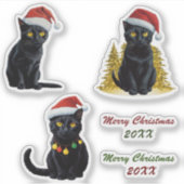 Niedliche Schwarze Katze in Weihnachtsmannmütze Cu Aufkleber (Vorderseite)