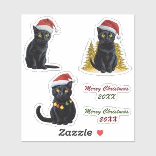 Niedliche Schwarze Katze in Weihnachtsmannmütze Cu Aufkleber (Blatt)