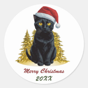 Niedliche Schwarze Katze in Weihnachtsmannmütze Cu Runder Aufkleber