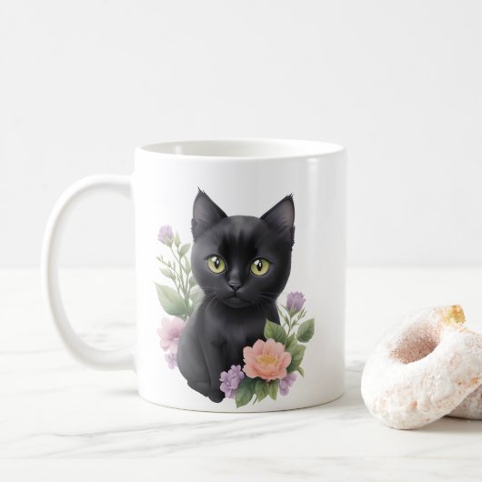 Niedliche schwarze Katze Kaffeetasse (Mit Donut)