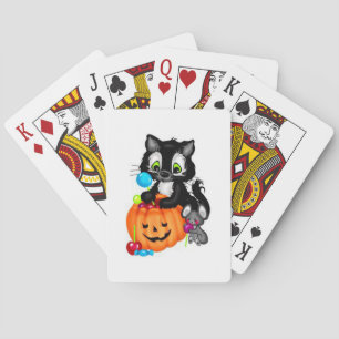 Niedliche Schwarze Katze, Kürbis und Maus Spielkarten