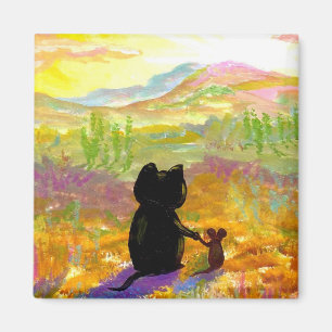 Niedliche Schwarze Katze Maus Sonnenaufgang Wüste  Magnet