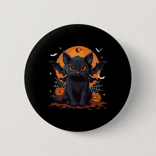 Niedliche schwarze Katze mit Bat Wings Pumpkin Wom Button (Vorderseite)