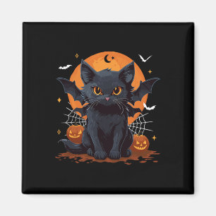 Niedliche schwarze Katze mit Bat Wings Pumpkin Wom Magnet