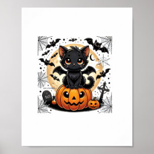 Niedliche schwarze Katze mit Bat Wings Pumpkin Wom Poster