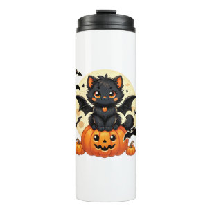 Niedliche schwarze Katze mit Bat Wings Pumpkin Wom Thermosbecher