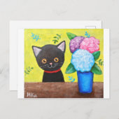 Niedliche Schwarze Katze mit Blume Katzenjunge Kun Postkarte (Vorne/Hinten)