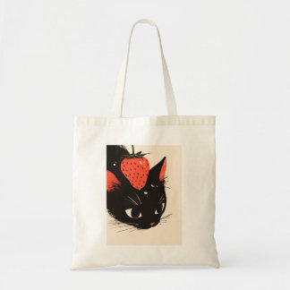 Niedliche schwarze Katze mit Erdbeerbeutel Tragetasche