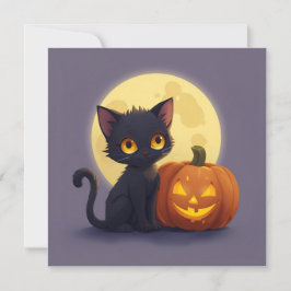 Niedliche schwarze Katze mit glühender Kürbis Einladung