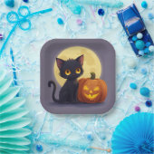 Niedliche schwarze Katze mit glühender Kürbis Pappteller (Party)