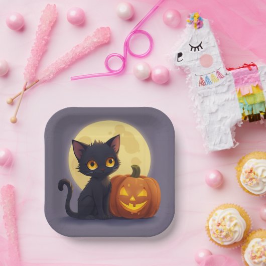 Niedliche schwarze Katze mit glühender Kürbis Pappteller (Party)