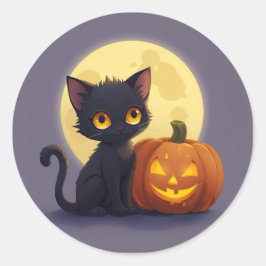 Niedliche schwarze Katze mit glühender Kürbis Runder Aufkleber
